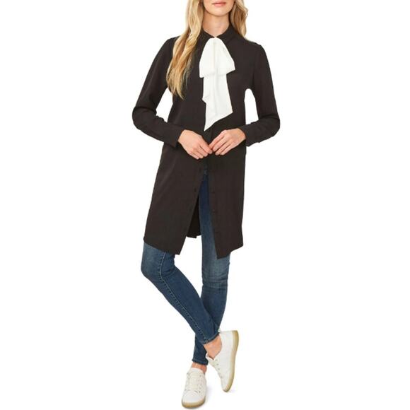 CeCe Women's Rich Black Mixed Media Bow-Neck Button-Down Dress Size 10 - Picture 4 of 9